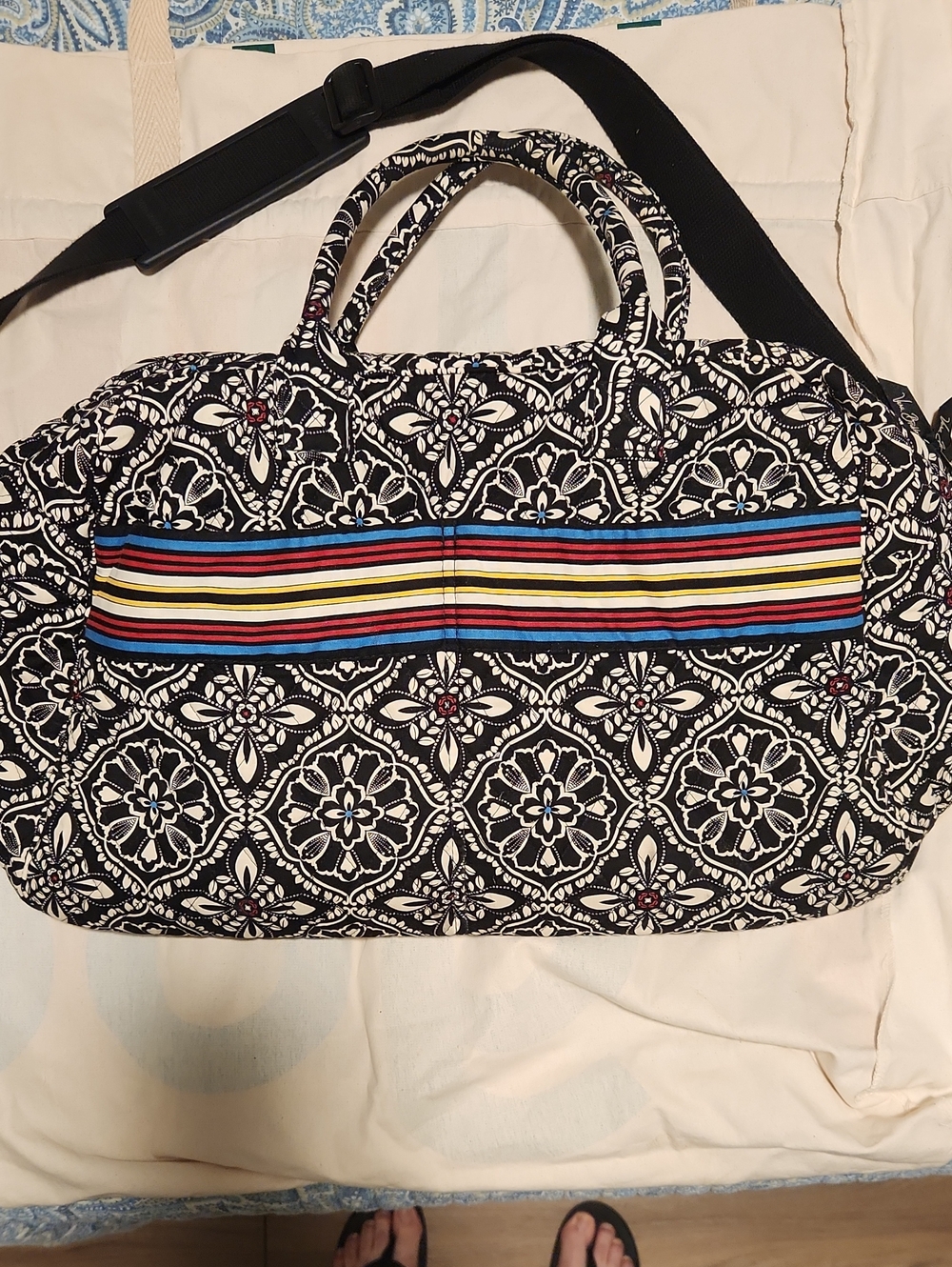 Vera BradleyQuilted Black & White Weekender Bag with Multicolor Stripe